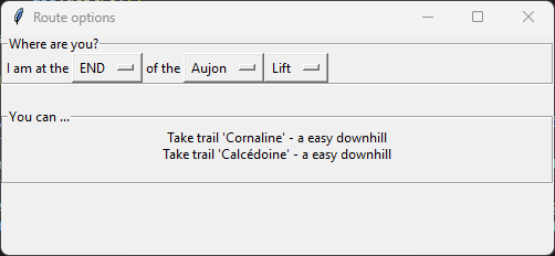 A small desktop application called Route options: drop-downs to pick a position, set to the END of the Aujon Lift, and below them two suggestions, take trail 'Cornaline' or trail 'Calcedoine', both easy downhills
