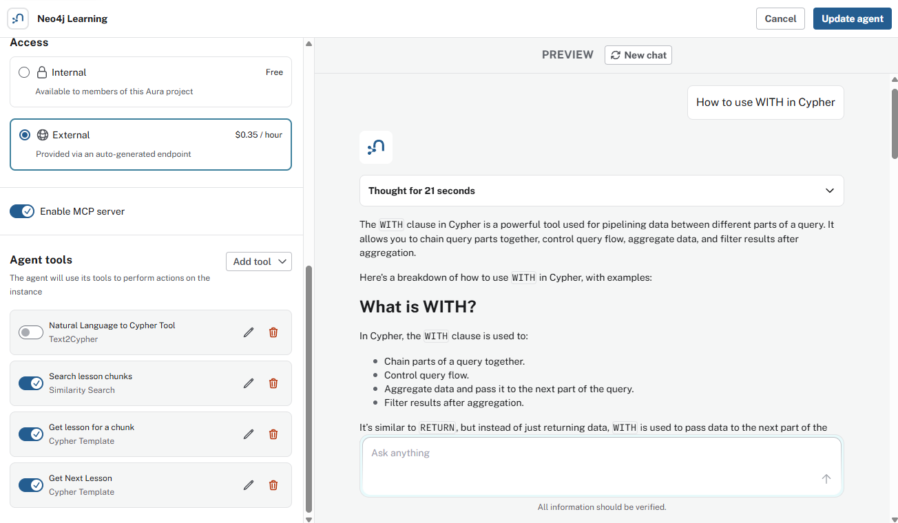 The agent preview answering "How to use WITH in Cypher" alongside its list of enabled tools