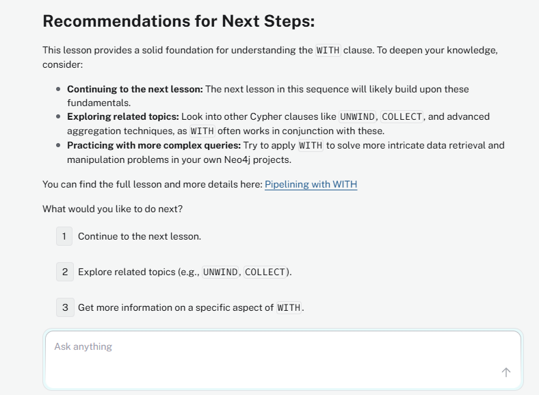 The end of a lesson, with recommendations for next steps and three numbered options to continue