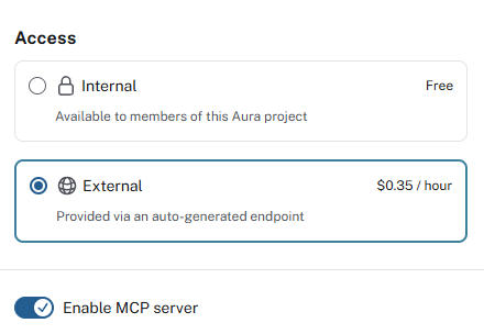 The agent's Access settings, with External selected and "Enable MCP server" switched on